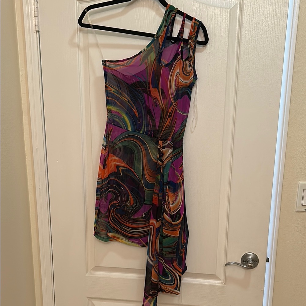 Multicolor Mesh One-Shoulder Dress